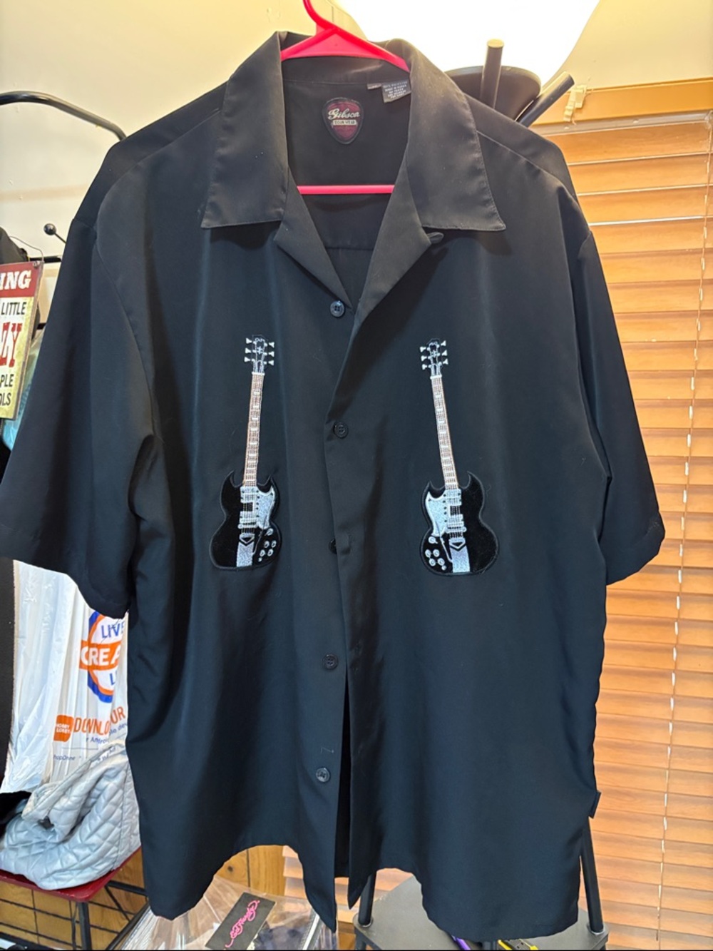 Gibson Black Short-Sleeve Button-Down Shirt with Guitar Embroidery